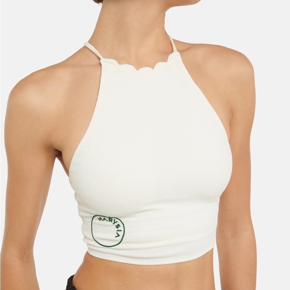 MARYSIA Steffi Top Cropped Halterneck Scalloped Trim Edges Yellow White Medium - Picture 1 of 9